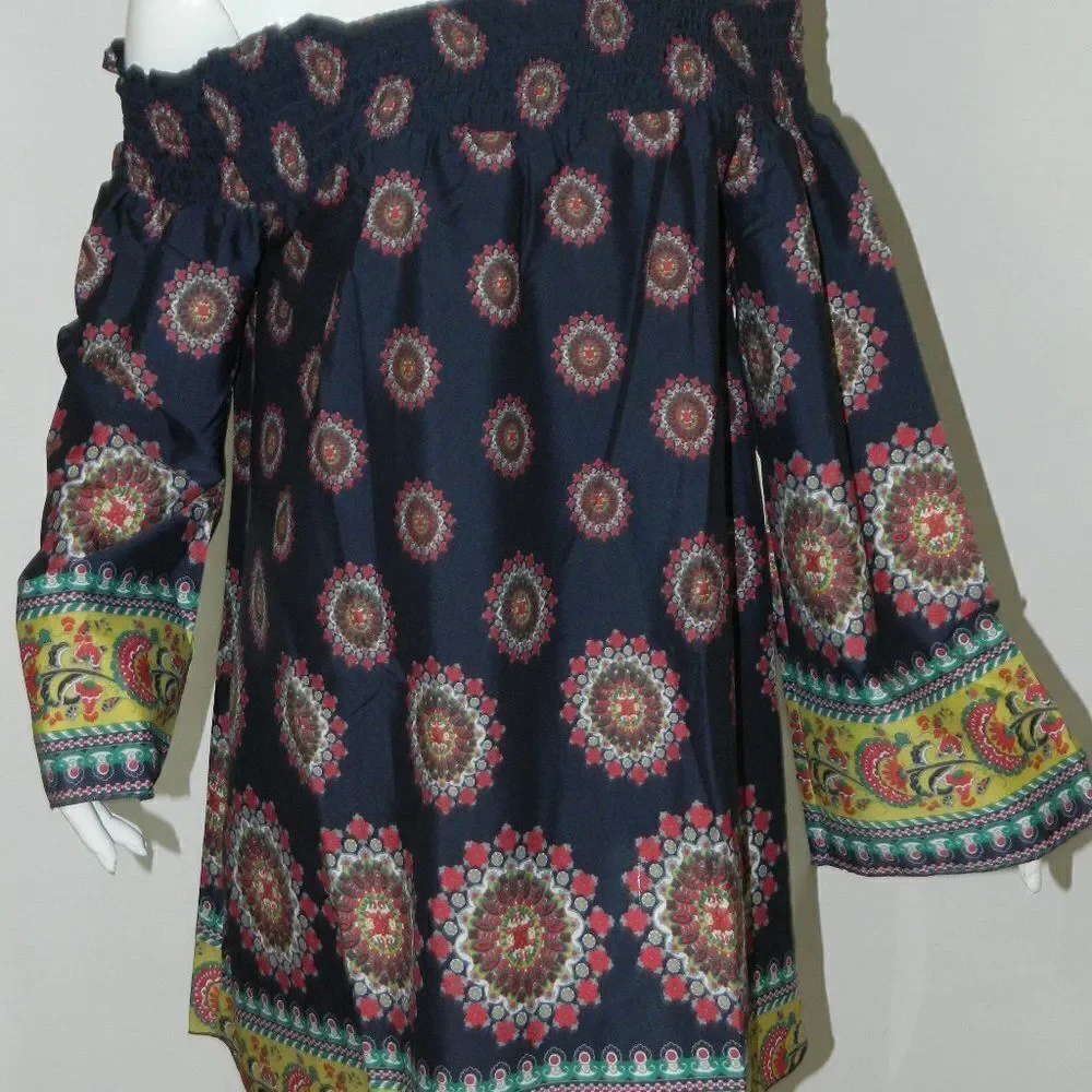 Band of Gypsies Zoe & Rose Dress Blue‎ Floral Off The Shoulder Bell Sleeves Mini